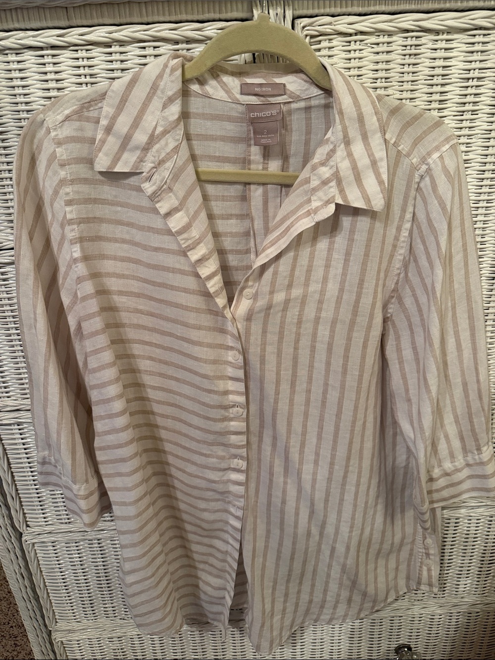 Chico's Lightweight linen white and Taupe Striped Button-Front tunic style shirt